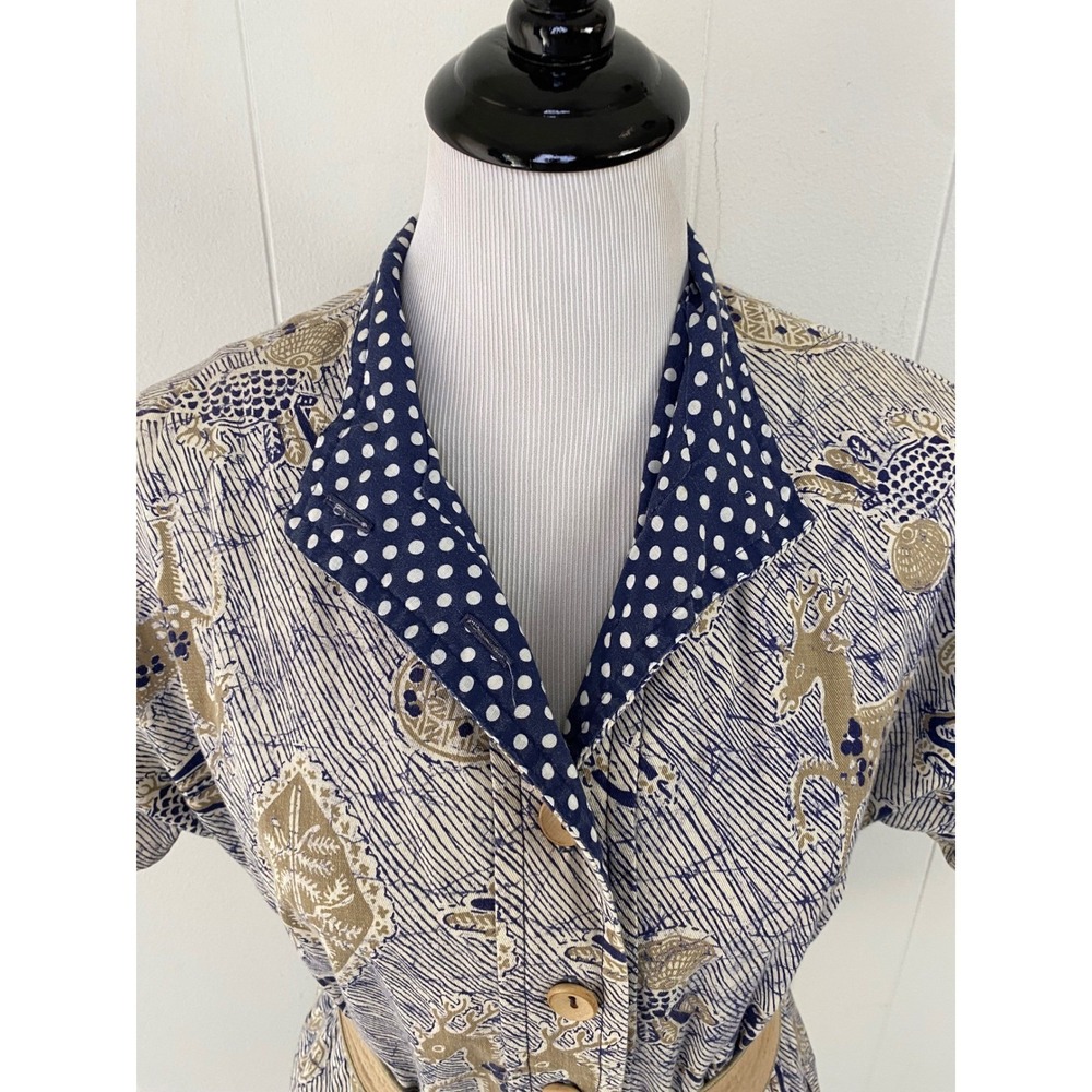VTG HearSay Batik Animal Print Short Sleeve Belted Button Up Top Blue Tan Sz S/M - Picture 12 of 13